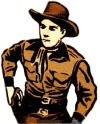 The image shows a vintage illustration of a cowboy wearing a hat and scarf, with hands on his hips, featuring classic Western attire.
