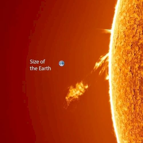 The image shows a comparison of the size of the Earth with a portion of the Sun, illustrating the Sun's massive scale.