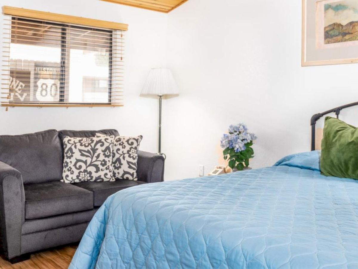 A cozy room features a gray couch, patterned pillows, a lamp, and a bed with a blue quilt. Blue flowers and framed art complete the decor.
