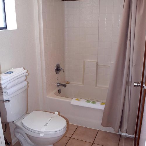 The image shows a small bathroom with a toilet, a bathtub with a shower curtain, and tiled floor and walls.