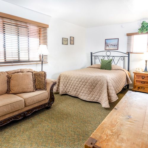 A cozy bedroom has a double bed, sofa, wooden furniture, and decor. It includes two windows with blinds and a small TV.